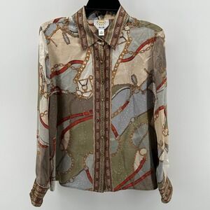 Talbots Petites 100% Pure Silk Equestrian Chain Button Down Blouse 14P Old Money